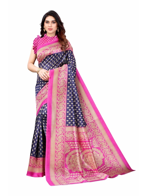 

AADVIKA Navy Blue & Pink Ethnic Motifs Art Silk Ready to Wear Mysore Silk Saree
