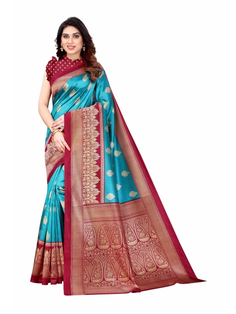

AADVIKA Blue & Red Ethnic Motifs Art Silk Mysore Silk Saree