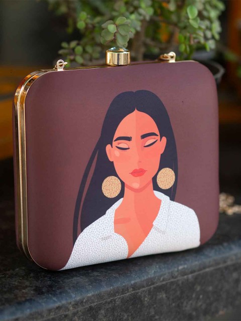 

ARTKLIM Brown & White Printed Box Clutch