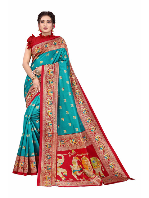 

AADVIKA Green & Red Ethnic Motifs Art Silk Mysore Silk Saree