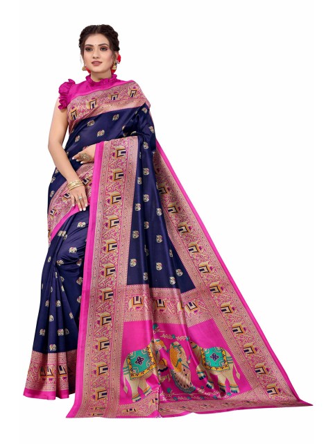 

AADVIKA Navy Blue & Pink Art Silk Ready to Wear Mysore Silk Saree