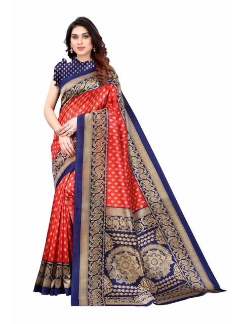 

AADVIKA Coral & Blue Ethnic Motifs Art Silk Mysore Silk Saree