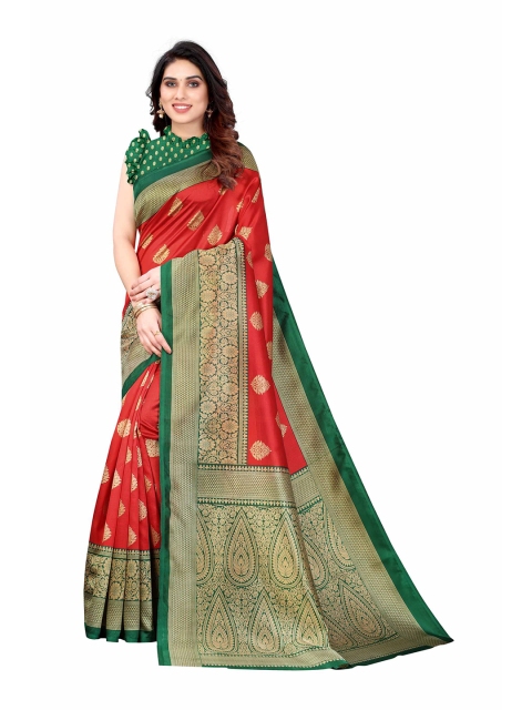 

AADVIKA Red & Green Ethnic Motifs Art Silk Mysore Silk Saree