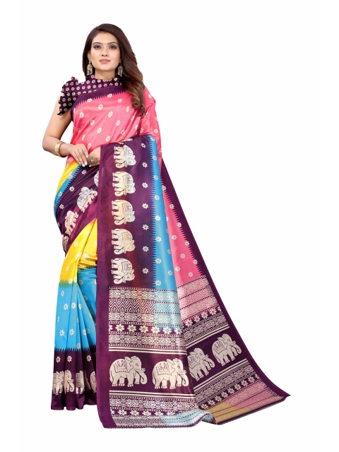 

AADVIKA Purple & Pink Abstract Printed Art Silk Mysore Silk Saree