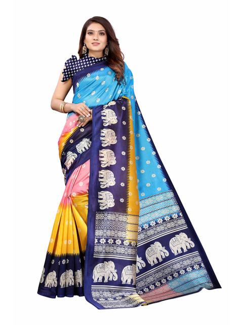 

AADVIKA Navy Blue & Yellow Floral Art Silk Mysore Silk Saree