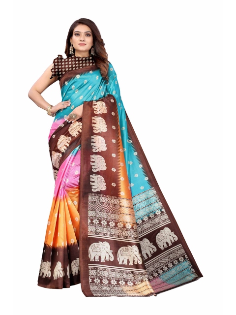 

AADVIKA Brown & Blue Ethnic Motifs Art Silk Mysore Silk Saree