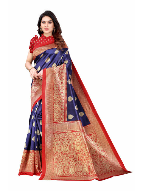 

AADVIKA Navy Blue & Red Ethnic Motifs Printed Mysore Silk Saree