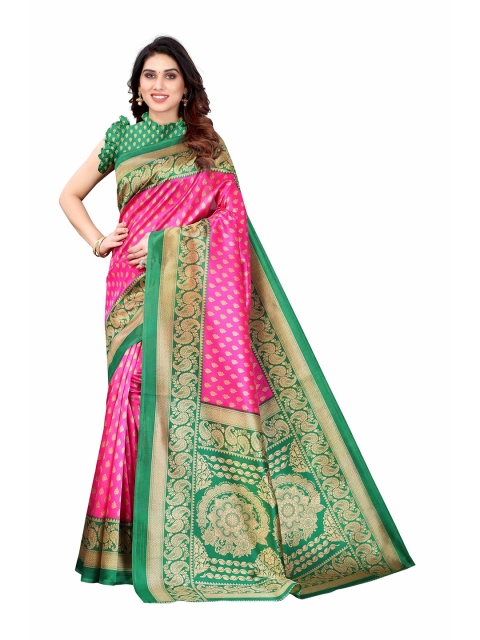 

AADVIKA Pink & Green Ethnic Motifs Art Silk Mysore Silk Saree