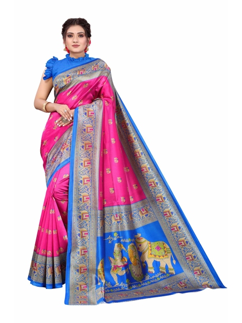 

AADVIKA Pink & Blue Floral Art Silk Mysore Silk Saree