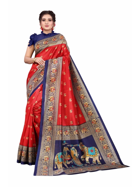 

AADVIKA Red & Navy Blue Floral Art Silk Mysore Silk Saree