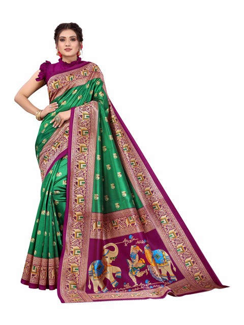 

AADVIKA Green & Purple Ethnic Motifs Printed Mysore Silk Saree