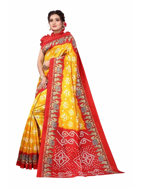 

AADVIKA Yellow & Red Ethnic Motifs Art Silk Mysore Silk Saree