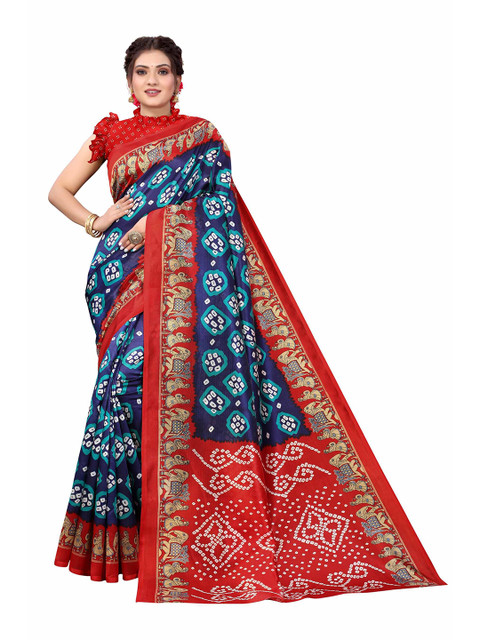 

AADVIKA Blue & Red Ethnic Motifs Printed Mysore Silk Saree