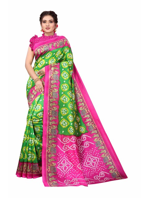 

AADVIKA Green & Pink Floral Art Silk Mysore Silk Saree