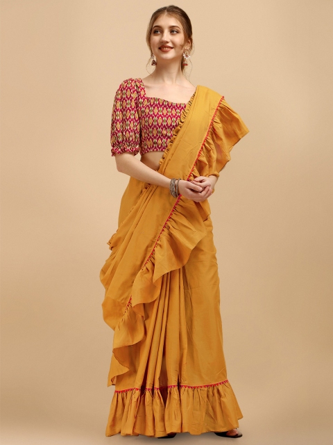 

Sangria Mustard Yellow Ruffled Saree