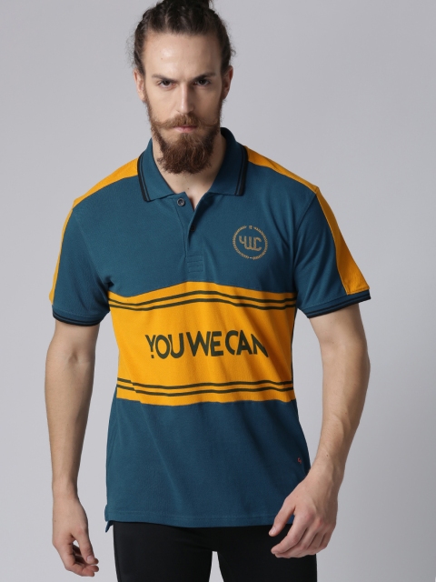 

YWC Men Teal Blue Printed Polo Collar T-shirt