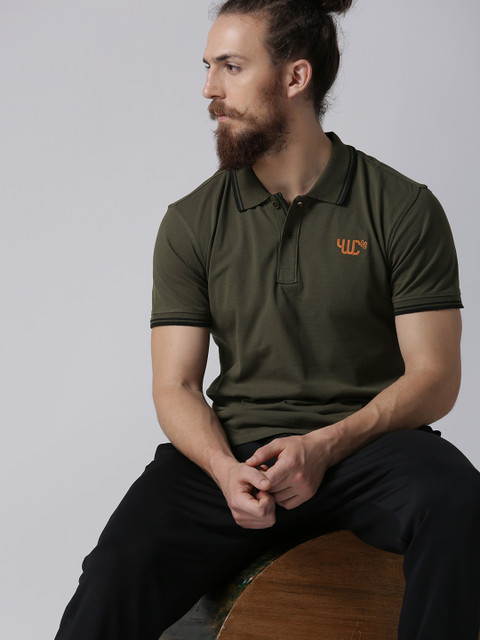 

YWC Men Olive Green Solid Polo Collar T-shirt