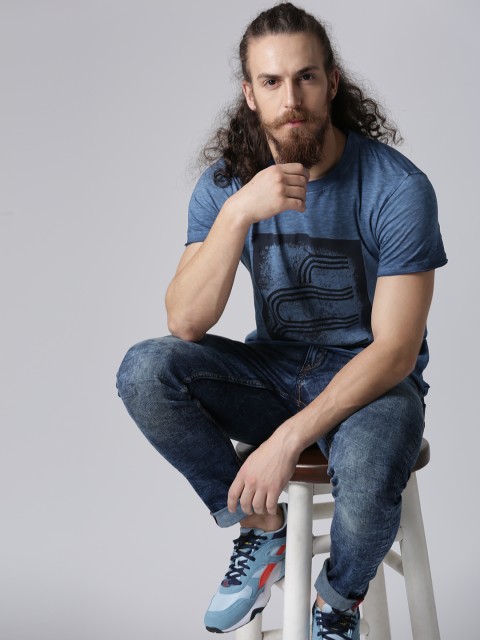 

YWC Men Blue Printed Round Neck T-shirt