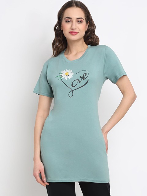 

Kanvin Women Sea Green Printed Longline Lounge Tshirts