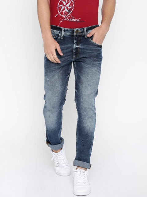 

Slub Men Blue Skinny Fit Mid-Rise Low Distress Jeans