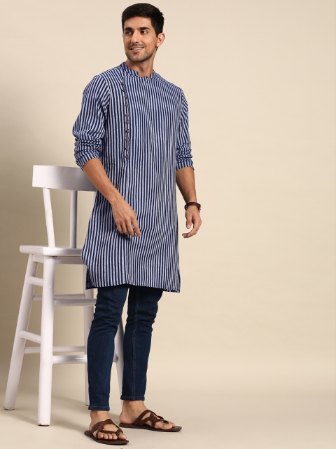 

Anouk Men Blue & Grey Striped Straight Kurta