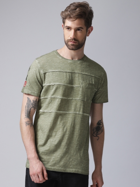 

YWC Men Olive Green Solid Round Neck T-Shirt