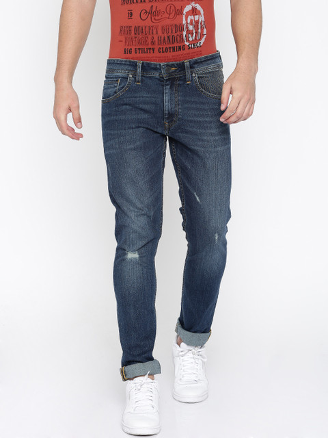 

Slub Men Blue Skinny Fit Mid-Rise Low Distress Jeans