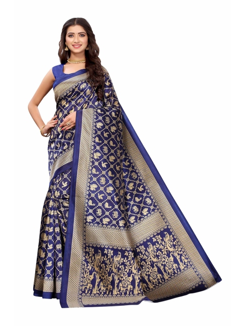 

AADVIKA Navy Blue & Gold-Toned Ethnic Motifs Art Silk Ready to Wear Mysore Silk Saree