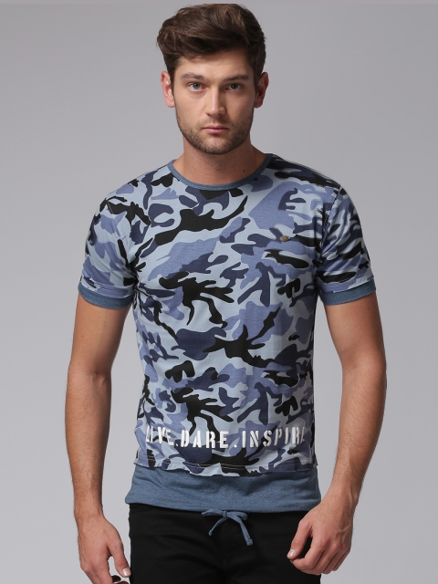 

YWC by Yuvraj Singh Men Blue Camouflage Print Round Neck T-shirt