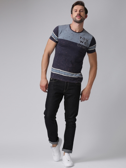 

YWC Men Navy Blue Printed Round Neck T-Shirt
