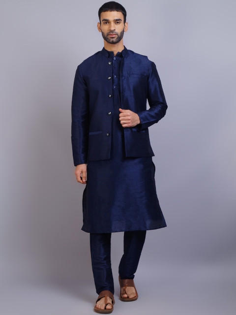 

GRACIT Men Navy Blue Dupion Silk Kurta Pyjama Set With Nehru Jacket