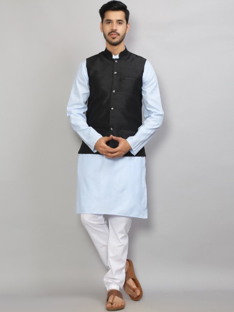

GRACIT Men Turquoise Blue & Black Layered Kurta with Pyjamas & Nehru Jacket