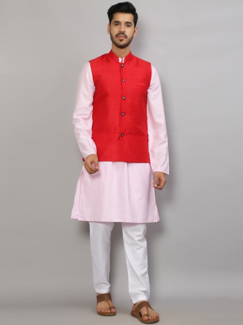 

GRACIT Men Pink & Red Kurta Pyjama Set With Nehru Jacket