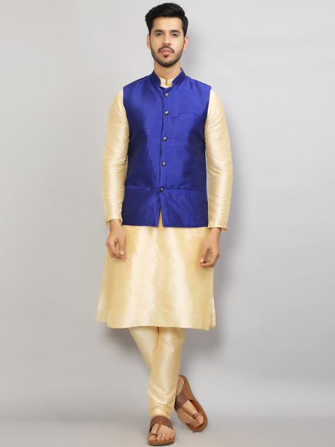 

GRACIT Men Beige & Blue Dupion Silk Kurta Pyjama Set With Nehru Jacket