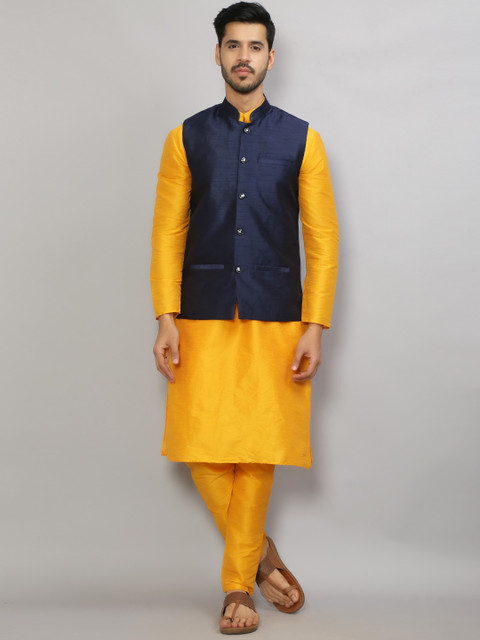 

GRACIT Men Yellow & Navy Blue Dupion Silk Kurta with Pyjamas & Jacket