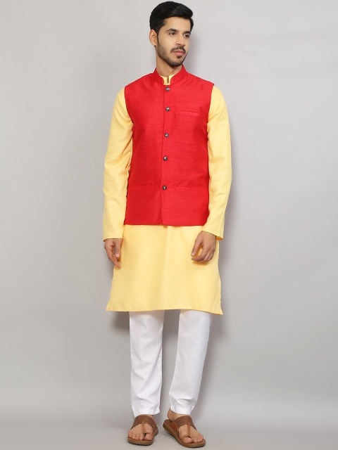 

GRACIT Men Yellow & Red Kurta Pyjama Set With Nehru Jacket