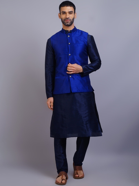 

GRACIT Men Navy Blue Dupion Silk Kurta with Churidar & Nehru Jacket