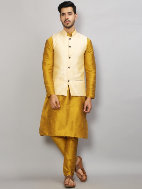 

GRACIT Men Gold & Beige Dupion Silk Kurta Pyjama Set With Nehru Jacket