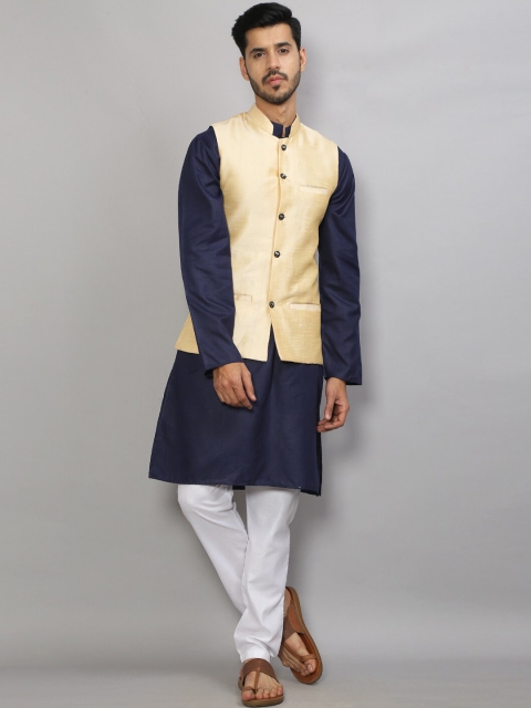 

GRACIT Men Navy Blue & Beige Kurta Pyjama Set With Nehru Jacket