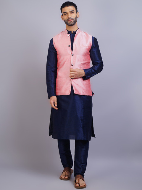 

GRACIT Men Navy Blue & Pink Dupion Silk Kurta with Pyjamas & Jacket