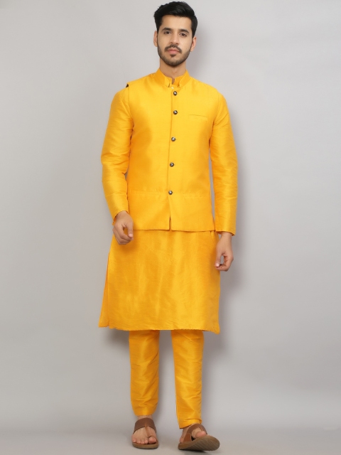 

GRACIT Men Yellow Dupion Silk Kurta with Churidar & Nehru Jacket