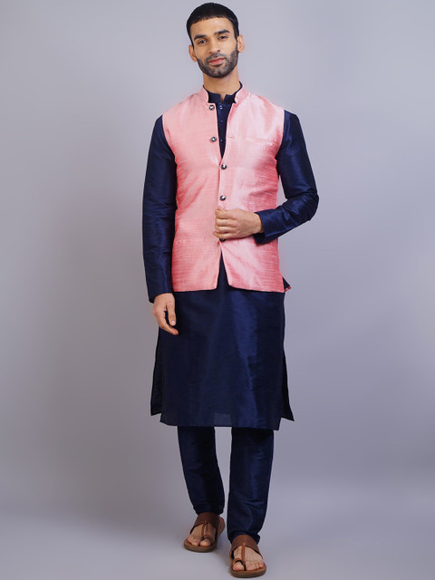 

GRACIT Men Navy Blue & Pink Dupion Silk Kurta Pyjama Set With Nehru Jacket