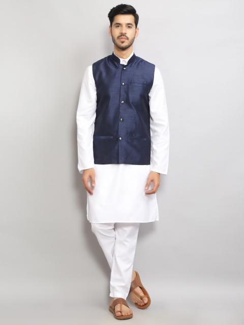 

GRACIT Men White & Navy Blue Kurta Pyjama Set With Nehru Jacket