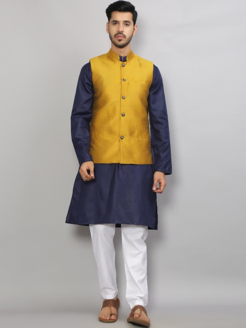 

GRACIT Men Navy Blue & Yellow Kurta Pyjama Set With Nehru Jacket