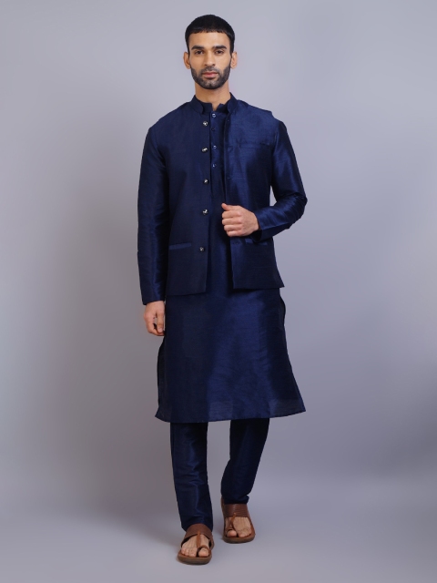 

GRACIT Men Navy Blue Dupion Silk Kurta with Churidar & Nehru Jacket
