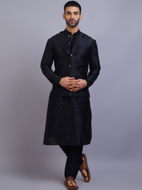 

GRACIT Men Black Dupion Silk Kurta Pyjama Set With Nehru Jacket
