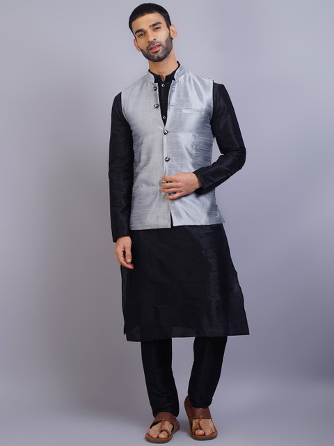 

GRACIT Men Black Dupion Silk Kurta with Pyjamas & Nehru Jacket