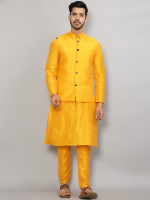 

GRACIT Men Yellow Dupion Silk Kurta Pyjama Set With Nehru Jacket