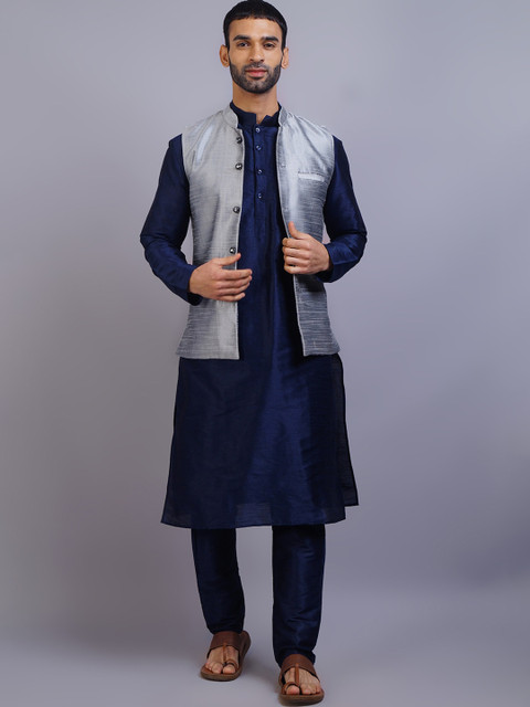 

GRACIT Men Navy Blue & Silver Dupion Silk Kurta with Pyjamas & Nehru Jacket