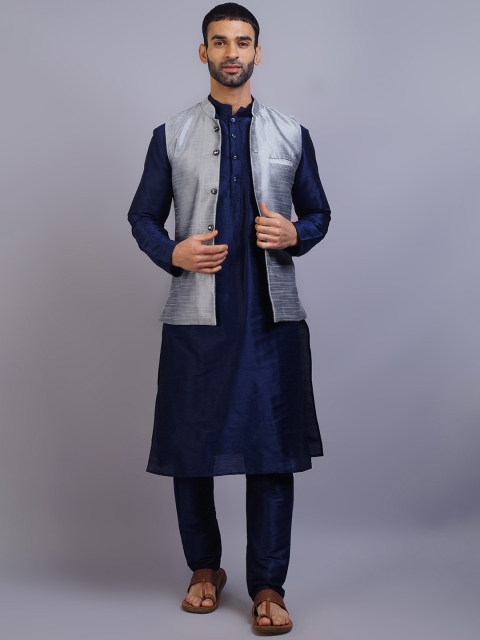

GRACIT Men Navy Blue Dupion Silk Kurta with Pyjamas & Jacket